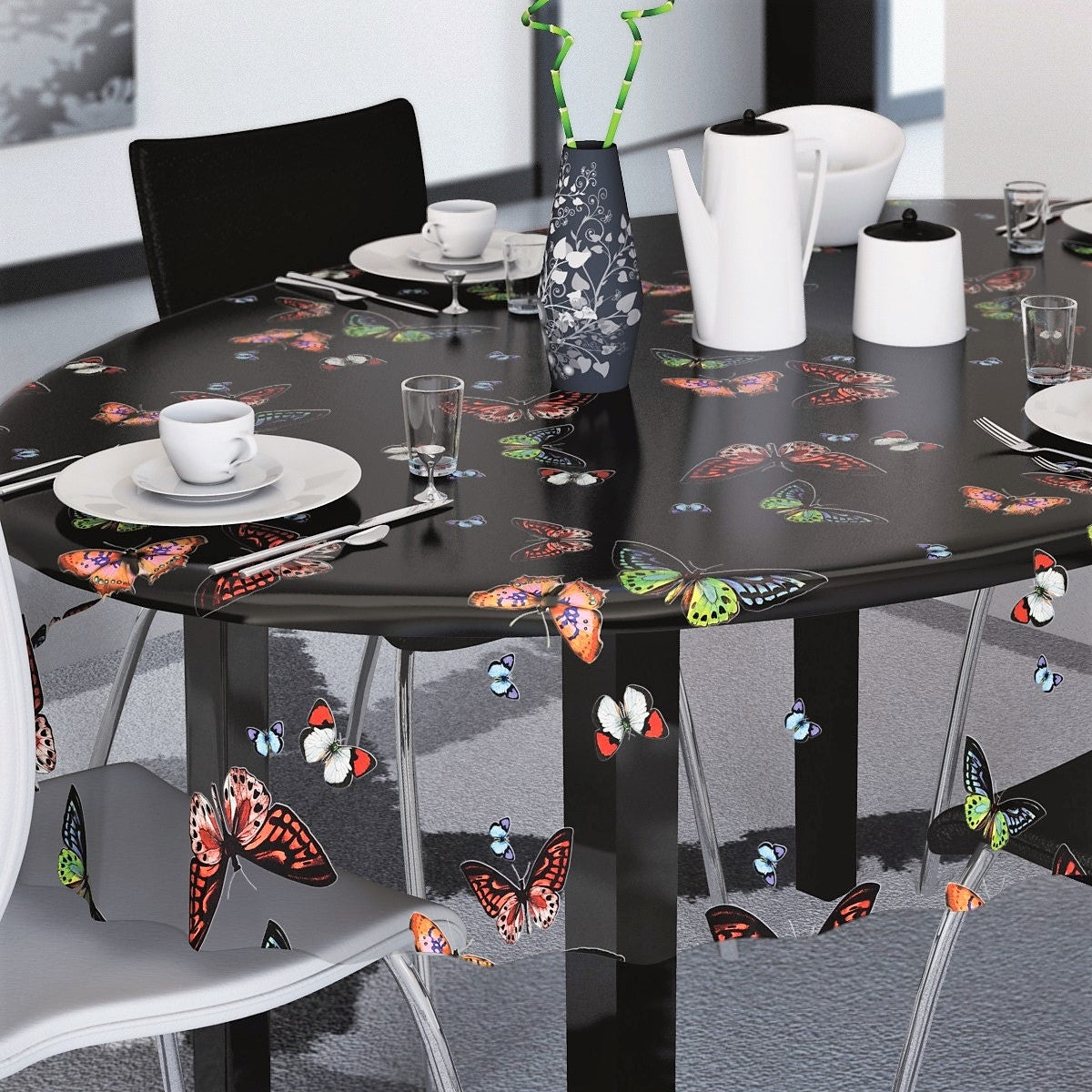 Lilith, gjennomsiktig voksduk, klar plastduk med fargerike sommerfugler