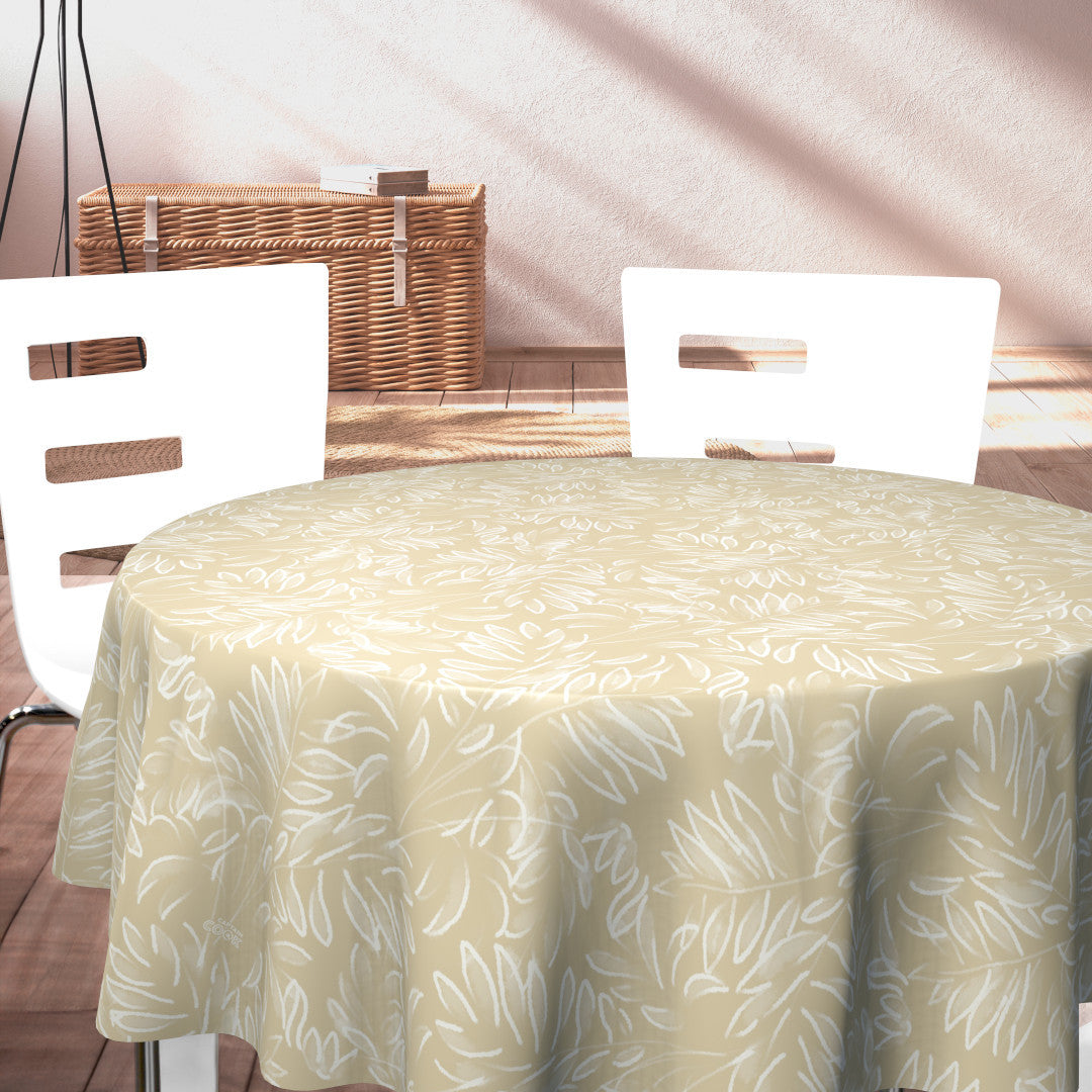 Live The Leaf Wheat - Elegant 160 cm rund voksduk med hvite blader