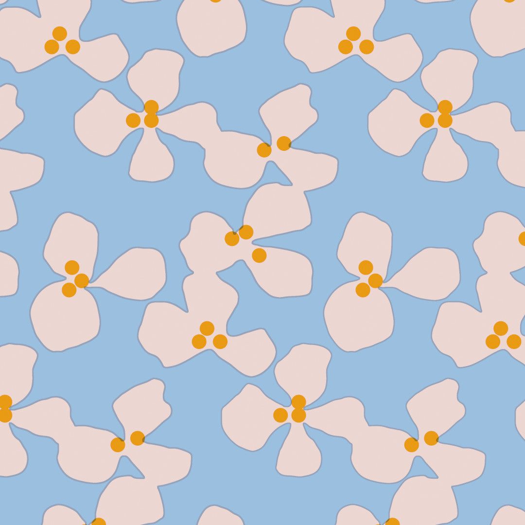 Poppy Baby Blue – voksduk med frisk og leken design fra Lola, mønster