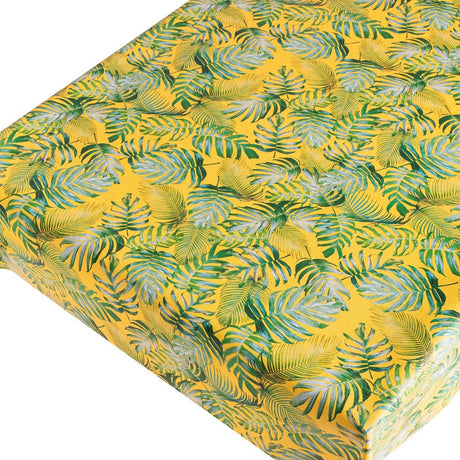 Madeira Yellow – Voksduk med struktur og palmeblader på solgul bunn