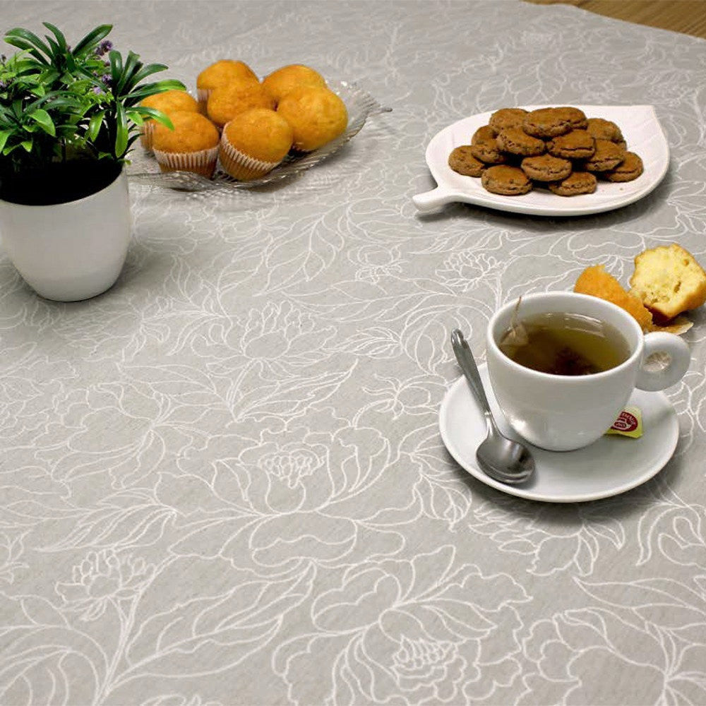 Marcella Lys Grå - Jacquardvevd akrylduk med vakker strekblomst, 140 cm