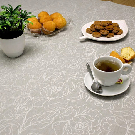 Marcella Lys Grå - Jacquardvevd akrylduk med vakker strekblomst, 140 cm