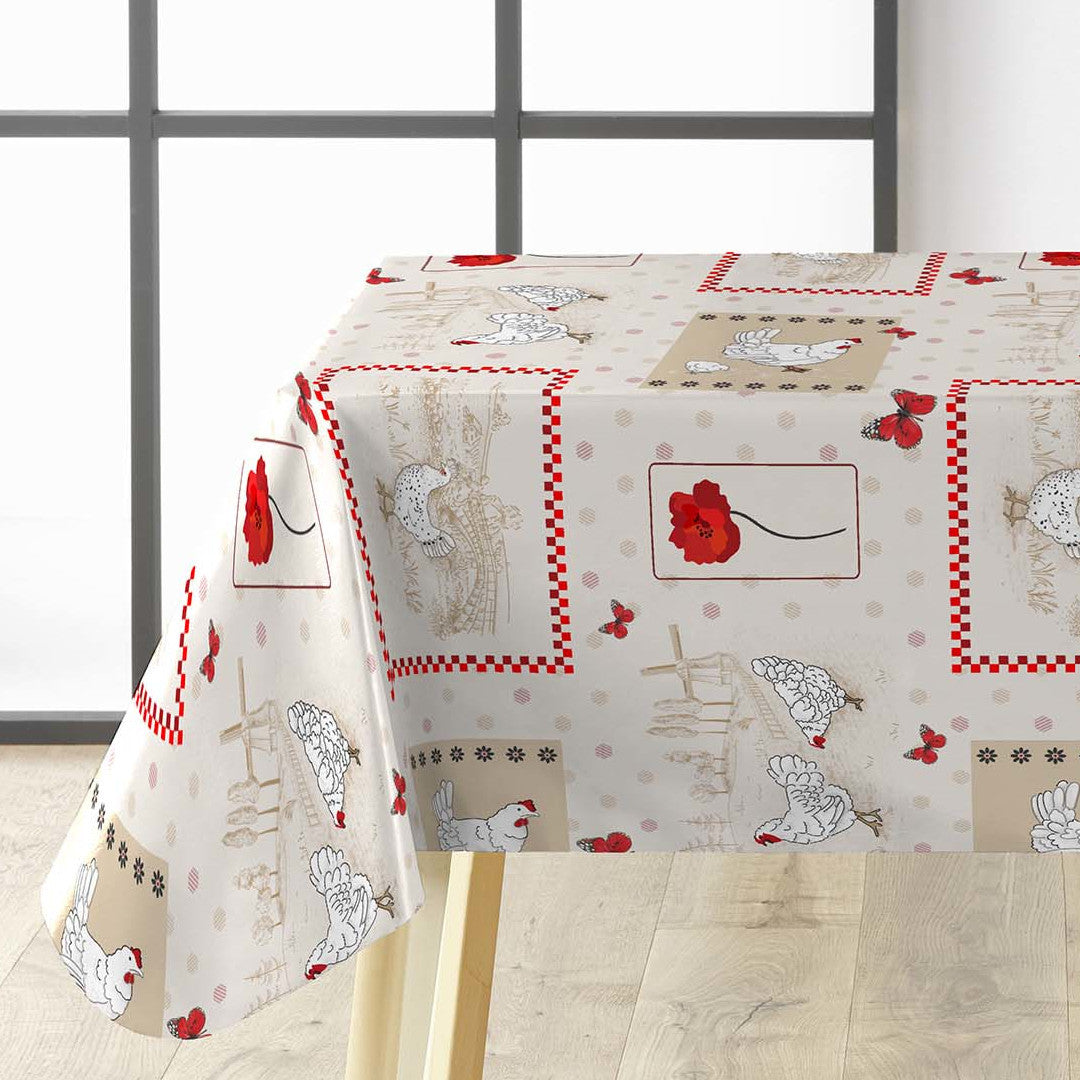 Margotte – Sjarmerende voksduk med høner og landligt motiv, hjørne