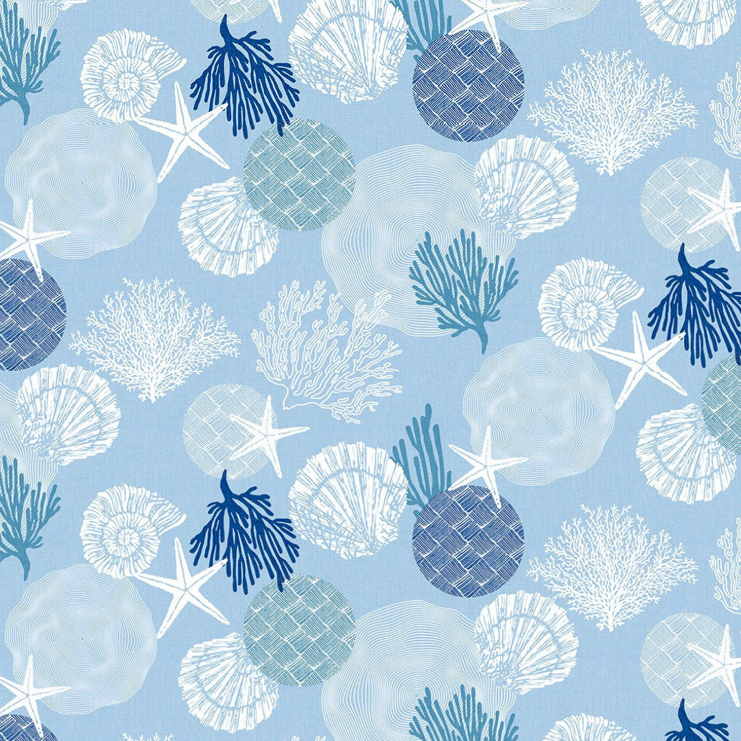 Maritim Blå – Voksduk med skjell og koraller mønster