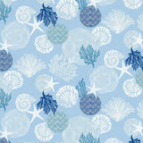 Maritim Blå – Voksduk med skjell og koraller mønster