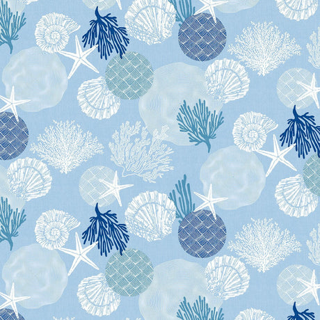 Maritim Blå – Voksduk med skjell og koraller mønster