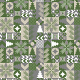 Hele mønsteret på Merry Present Green julevoksduk med granbar, kongler og geometriske former