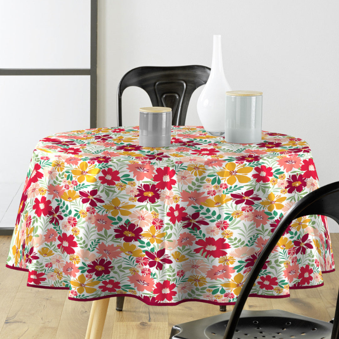 Milly - Rund voksduk med blomster i friske farger, Ø 155 cm