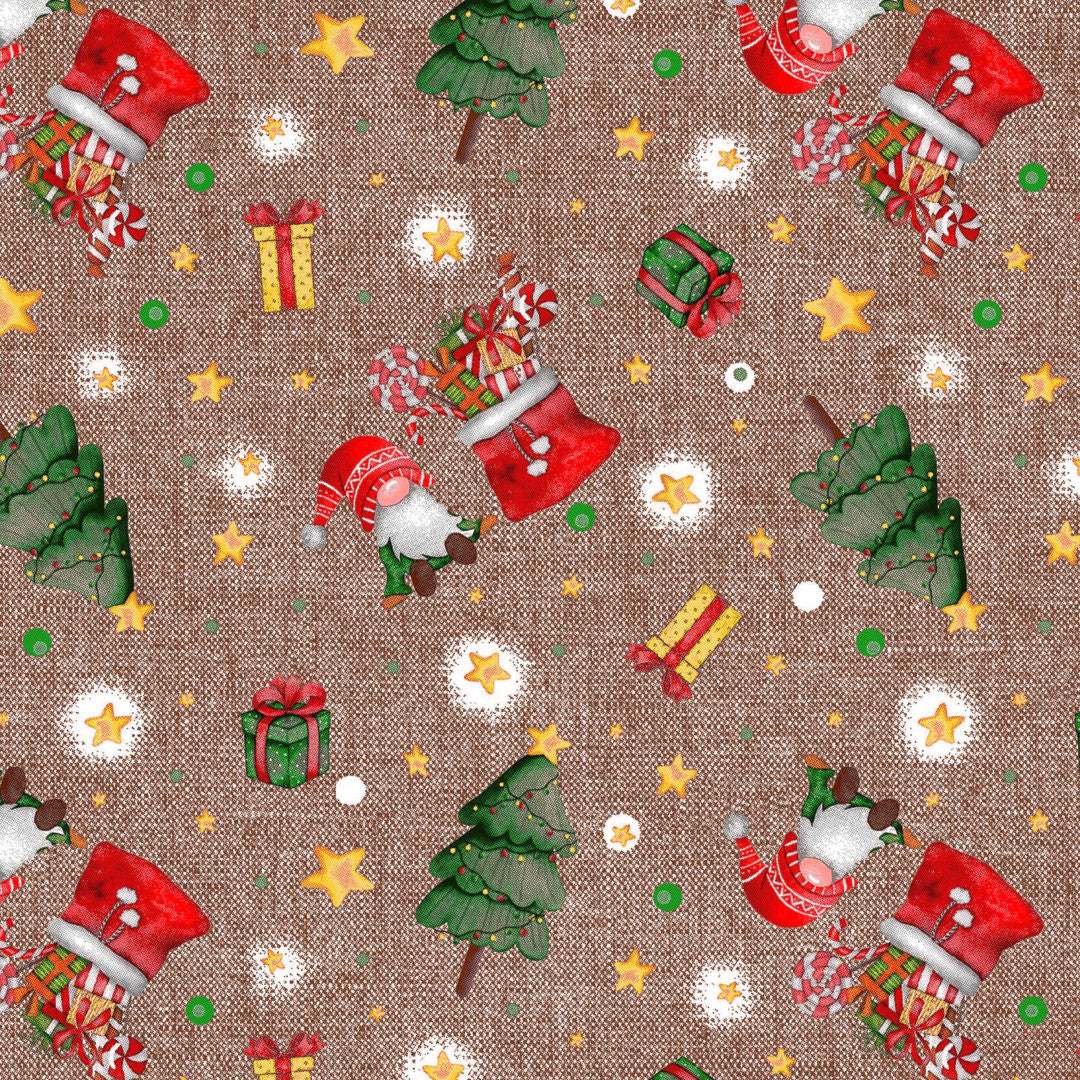 Mønsterbilde av Regalos – Juleakrylduk med gaver, nisser og juletrær