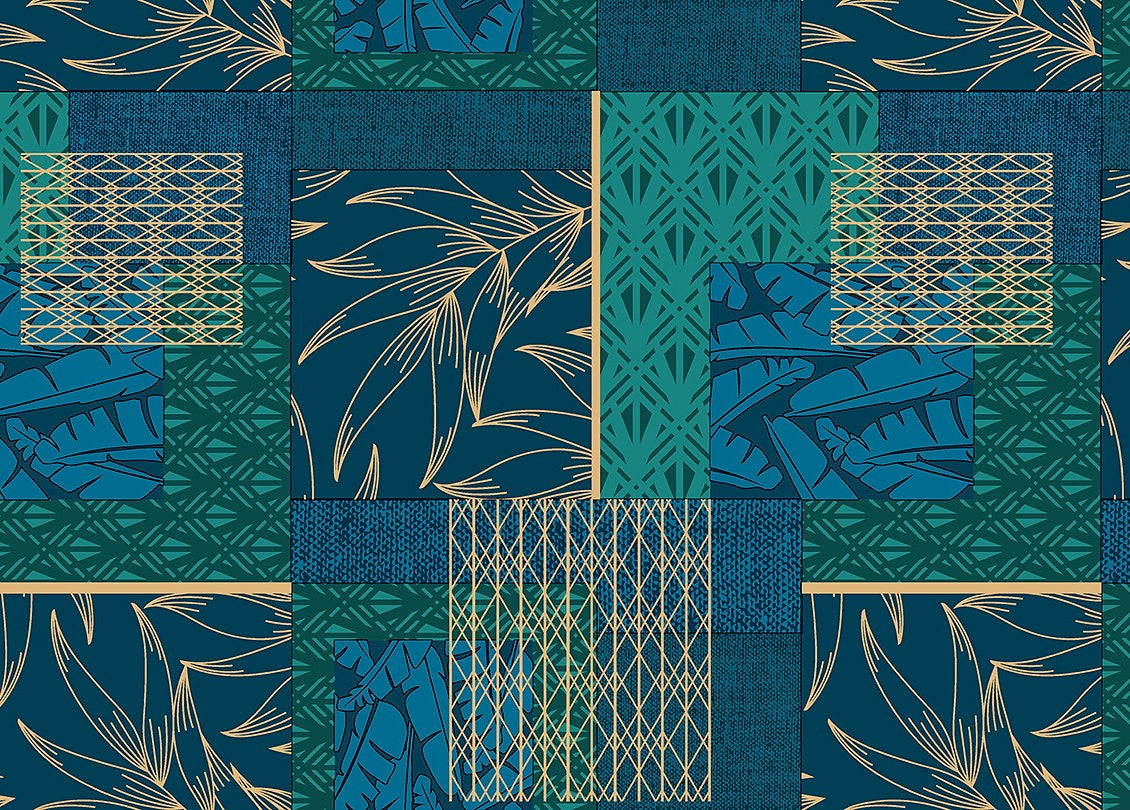 Mønstermiks – voksduk i blågrønne nyanser med innslag av gull