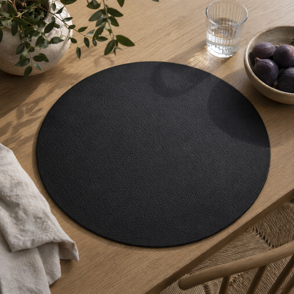Moon rund spisebrikke i kunstlær – Black/Light grey – Ø38 cm, miljø