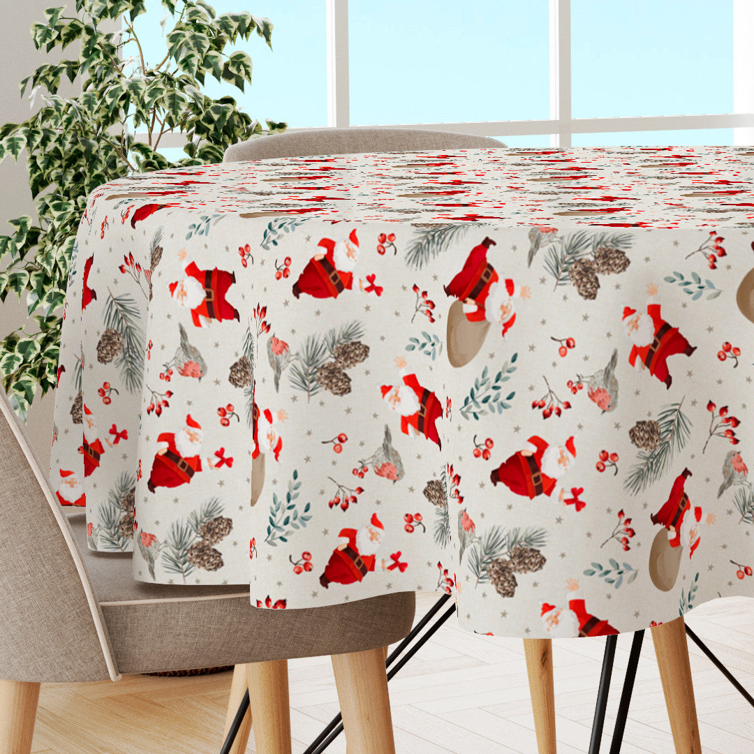 Navida juleduk – Rund akrylduk med julenissen og full julesekk