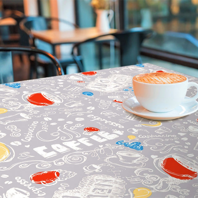 New Day Grey - Voksduk med kaffe, cappuccino og en liten, sterk espresso