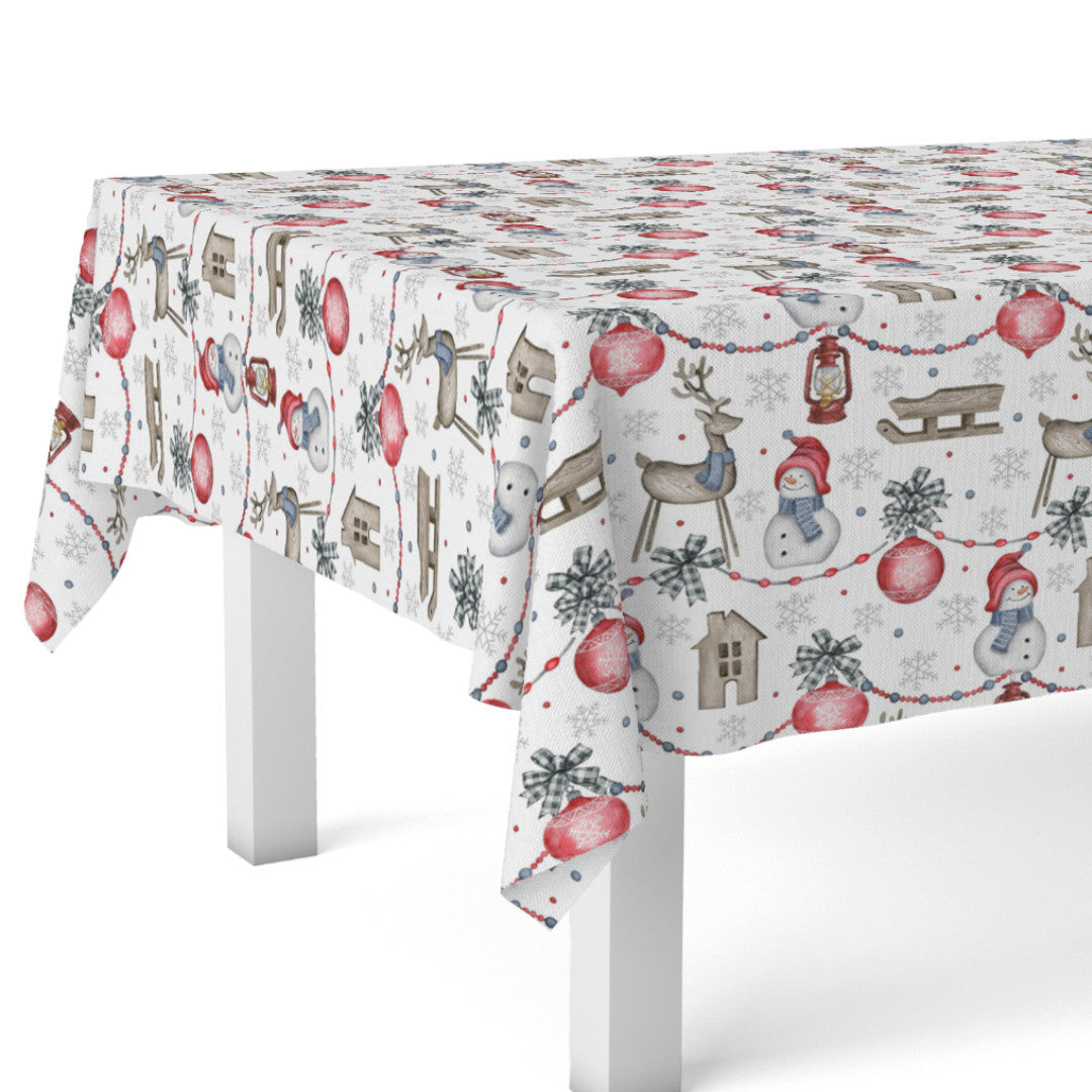 Hjørnebilde med Nieve juleduk med glade snømenn