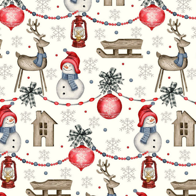 Mønster med Nieve juleduk med glade snømenn og julemotiver