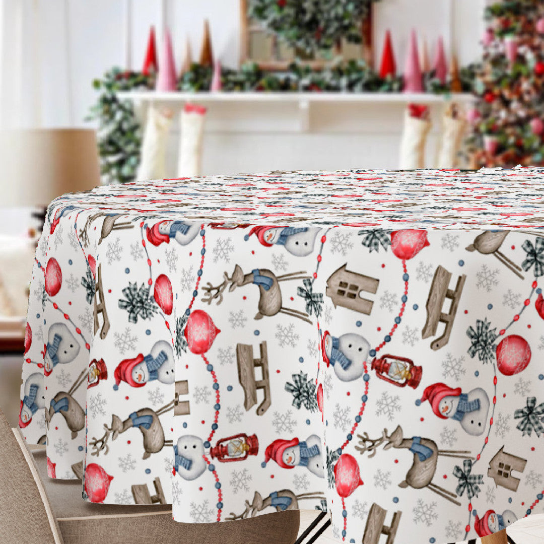 Nieve, rund juleduk med glade snømenn og julemotiver