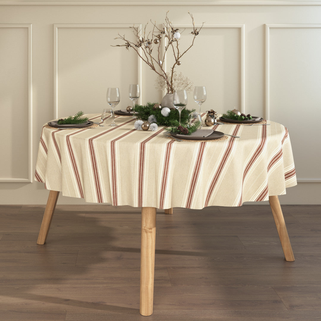 Nordisk Julestripe Rød – Rund juleduk i hørlook med akrylbehandling