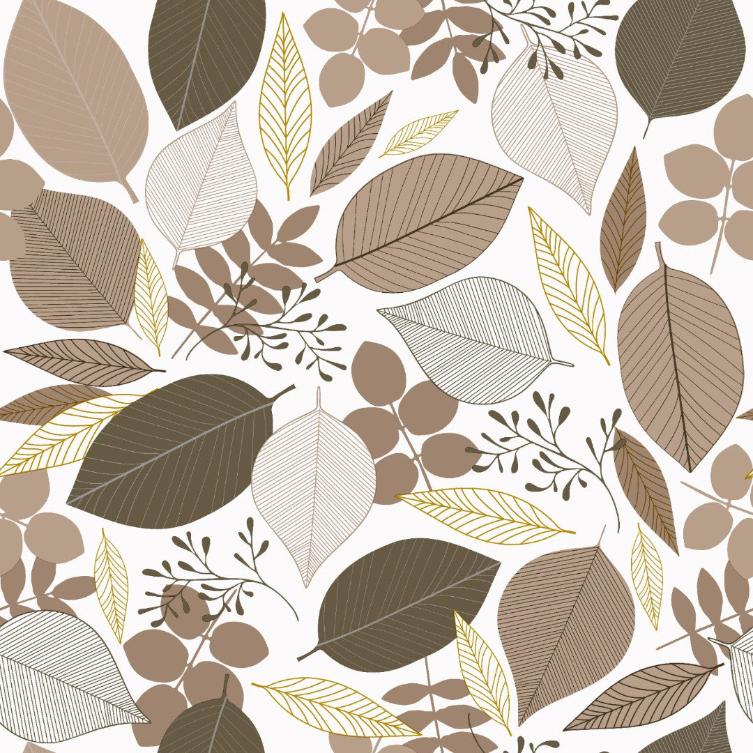 Nordisk Skog – voksduk med bladmotiv i beige og gyldne nyanser