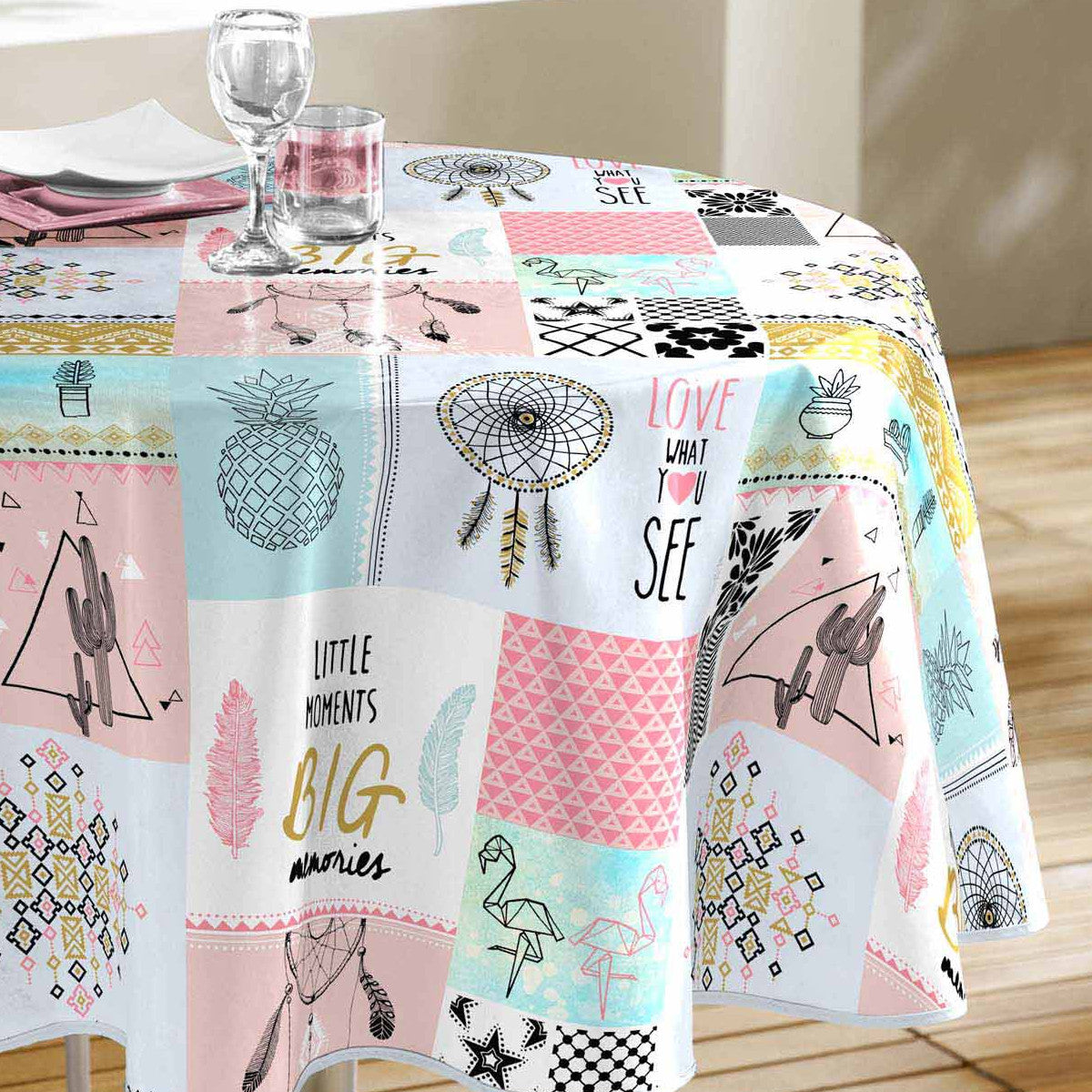 Optima - Rund voksduk med patchwork, Ø 155 cm