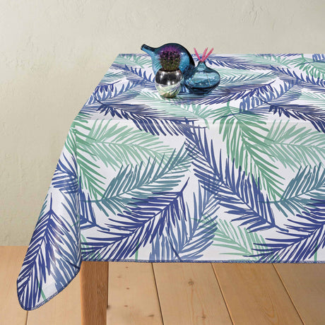 Palmeblader blå – hvit voksduk med palmeblader