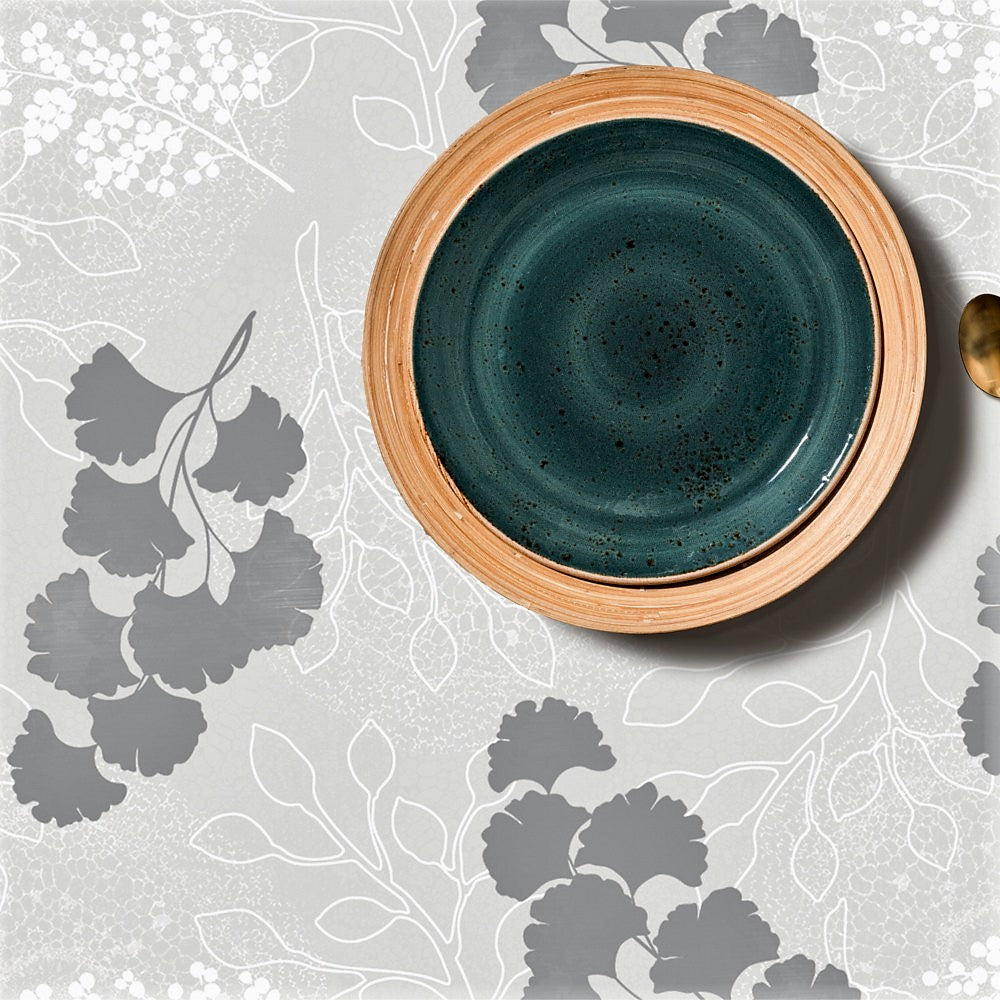 Stilfull Palmera - Voksduk med striper og blomster i gråtoner