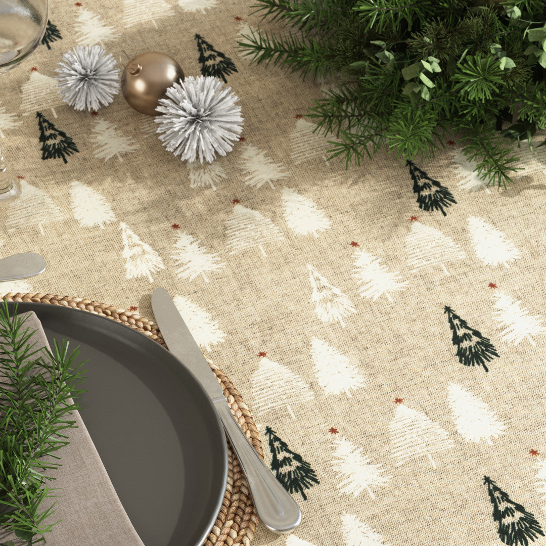 Nærbilde av Pau Natur – Juleakrylduk i linlook med juletrær