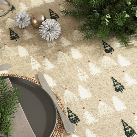 Nærbilde av Pau Natur – Juleakrylduk i linlook med juletrær