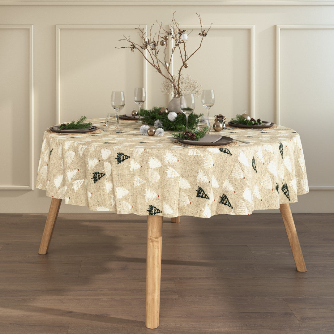 Pau Natur – Rund juleakrylduk i linlook med juletrær