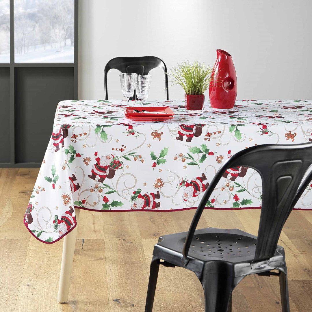 Pere Noel Hvit 150 x 240 cm, rektangulær juleduk med flekkavvisende behandling, dekket bord