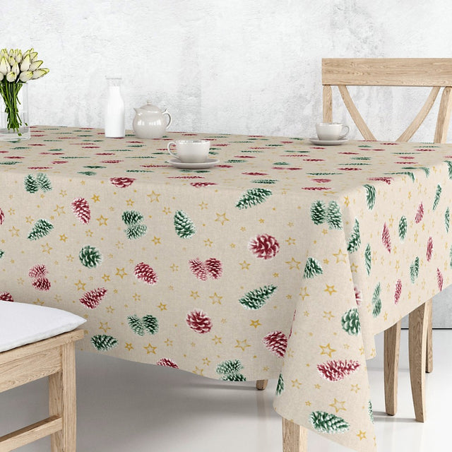 Pinas Rød/Grønn – Juleakrylduk med kongler på naturfarget bunn