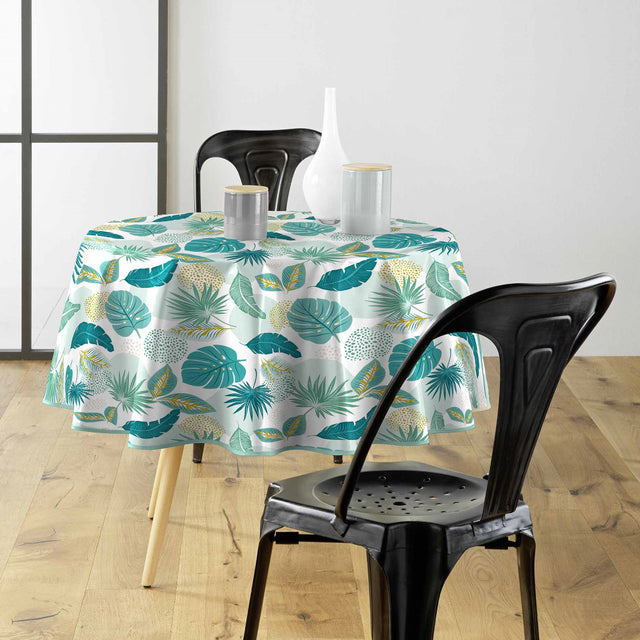 Plantania Blå – rund voksduk med botanisk mønster Ø 155 cm