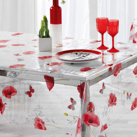 Pobbyly – Gjennomsiktig voksduk med valmuer og sommerfugler, hjørne