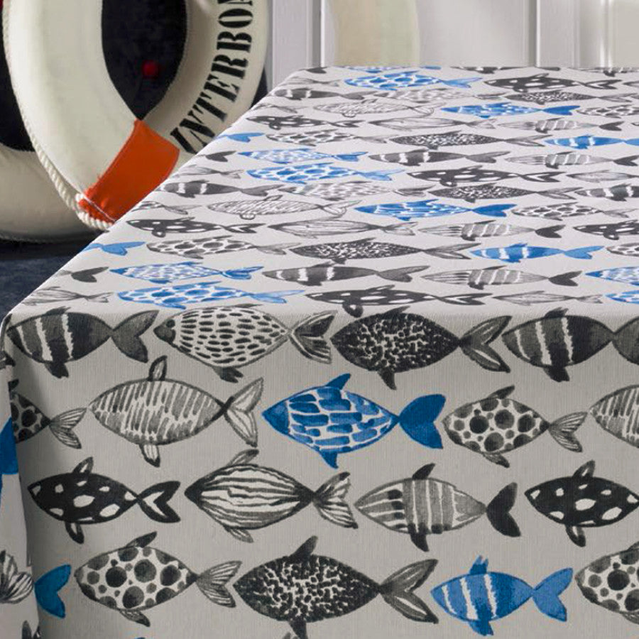 Poussin, akrylduk med fiskemotiv, 180 cm bred