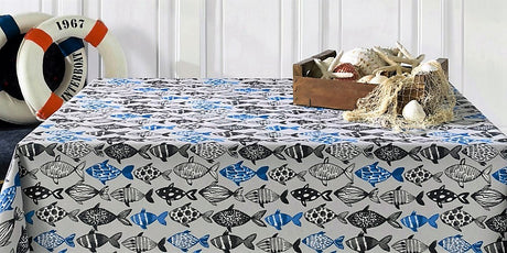 Poussin, akrylduk med fiskemotiv, 140 cm bred