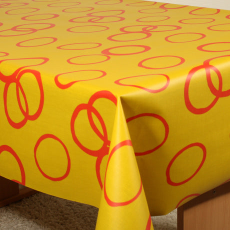 Røde Sirkler og Solgul Bakgrunn – Retro tekstilvoksduk, 140 cm