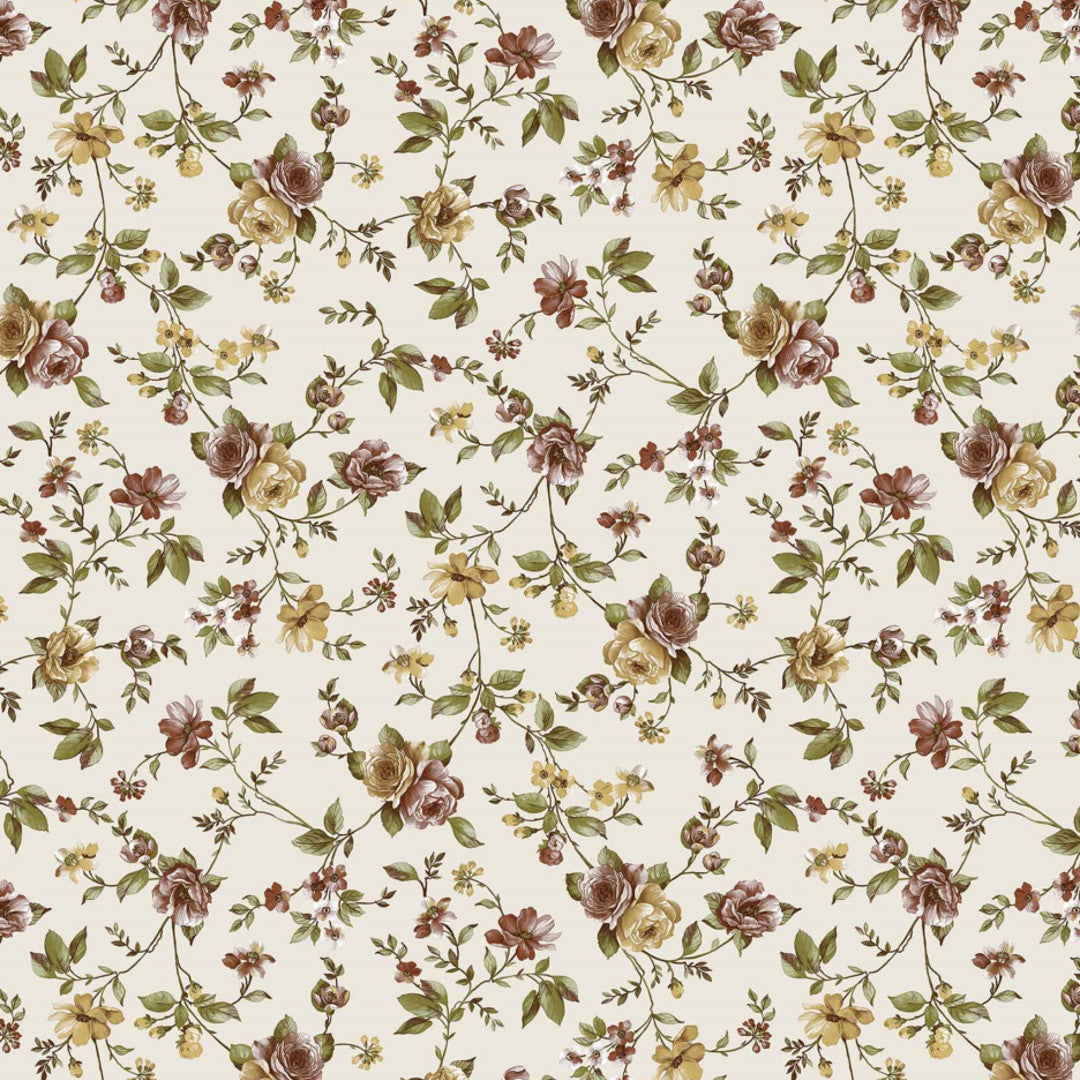 Rosenfryd gyllen – hvit voksduk med blomster i gyldne farger