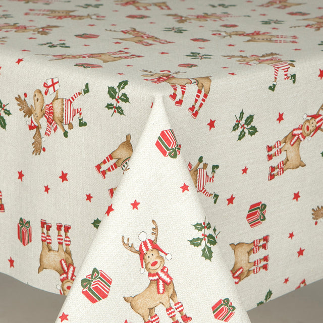 Hjørne av Rudolf Julefest juleduk med Rudolf og julemotiv