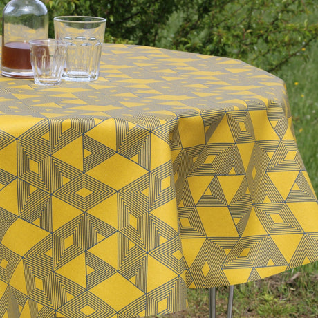 Cuzco Karry-gul/blå, akrylduk med flott grafisk mønster – 140 cm bred