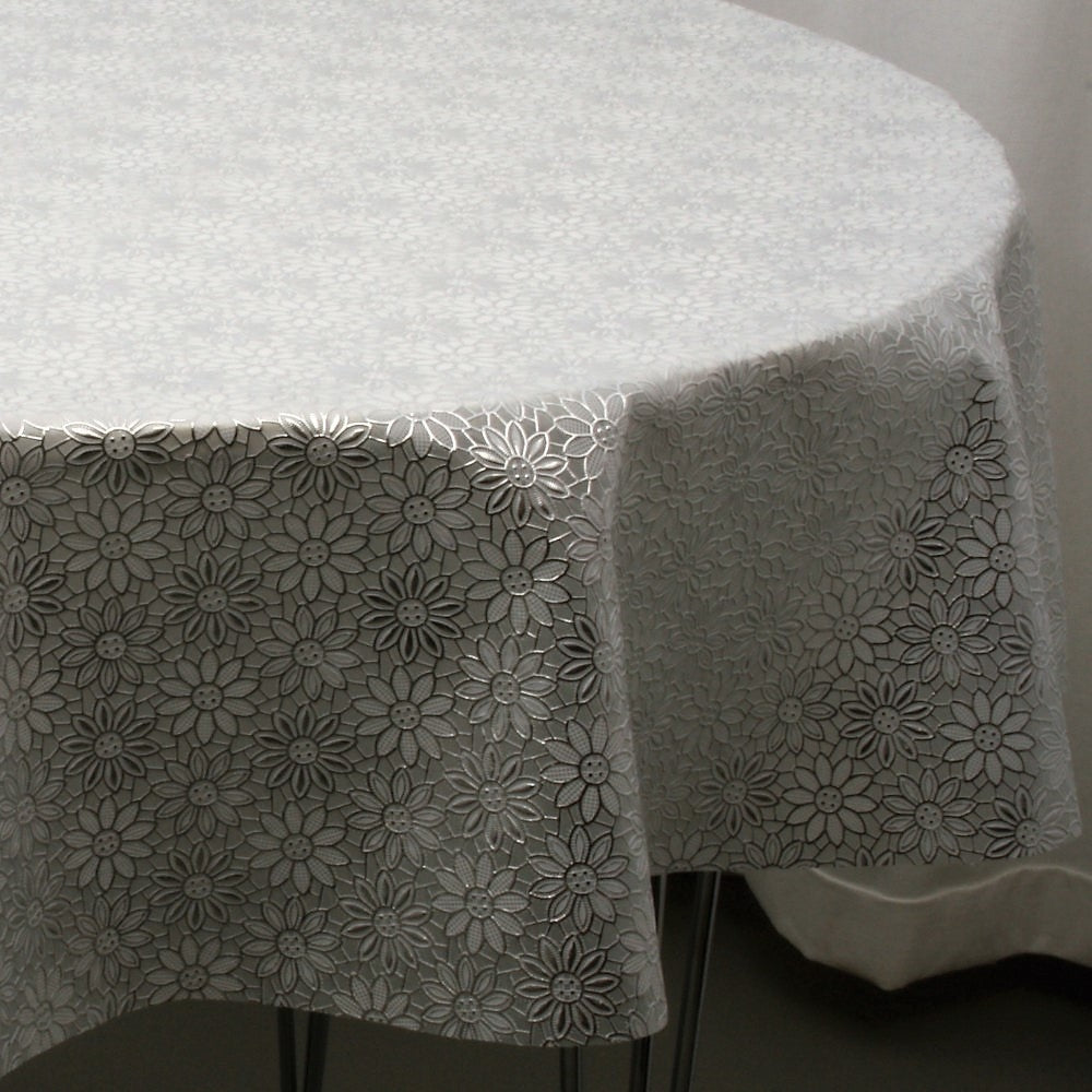 Rund blondevoksduk hvit med sølvblomst