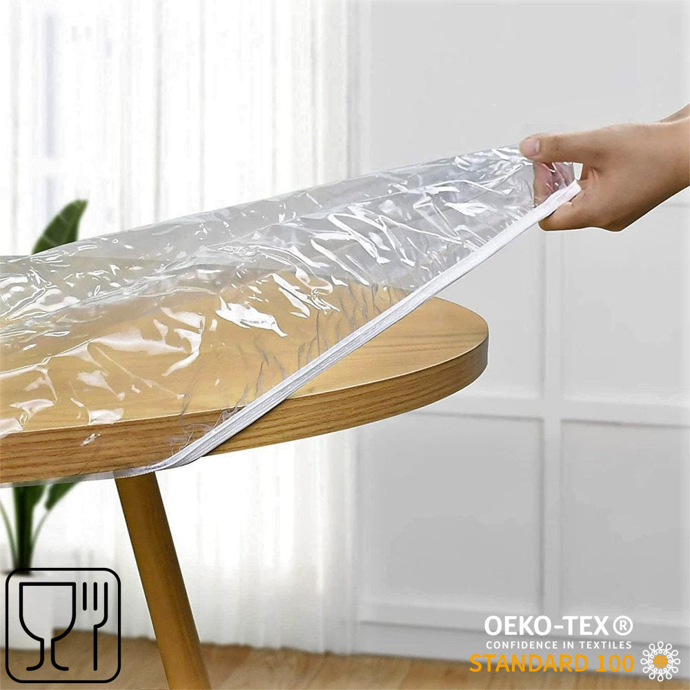 Til hagebord – rund gjennomsiktig voksduk med strikk