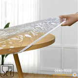 Til hagebord – rund gjennomsiktig voksduk med strikk