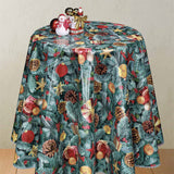 Rund julevoksduk med pyntet gran og juletrepynt