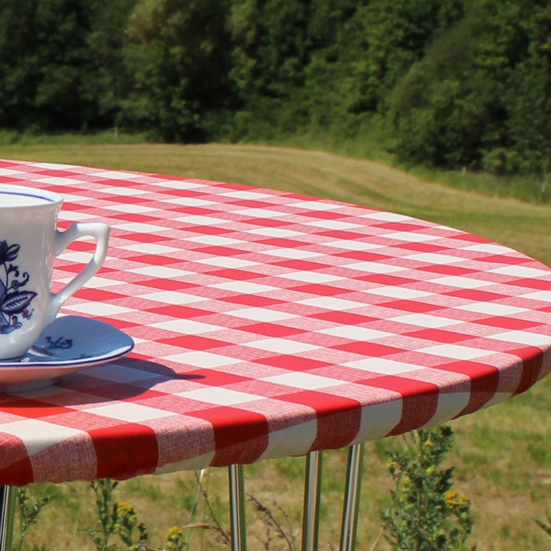 Rød/hvit rutet rund voksduk med strikk