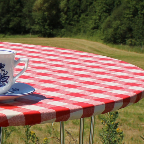 Rød/hvit rutet rund voksduk med strikk