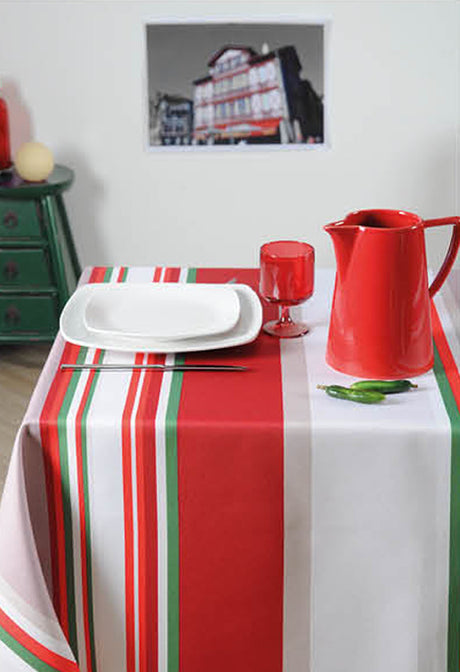 Fransk akrylduk med striper, beige/rød, 155 cm bred