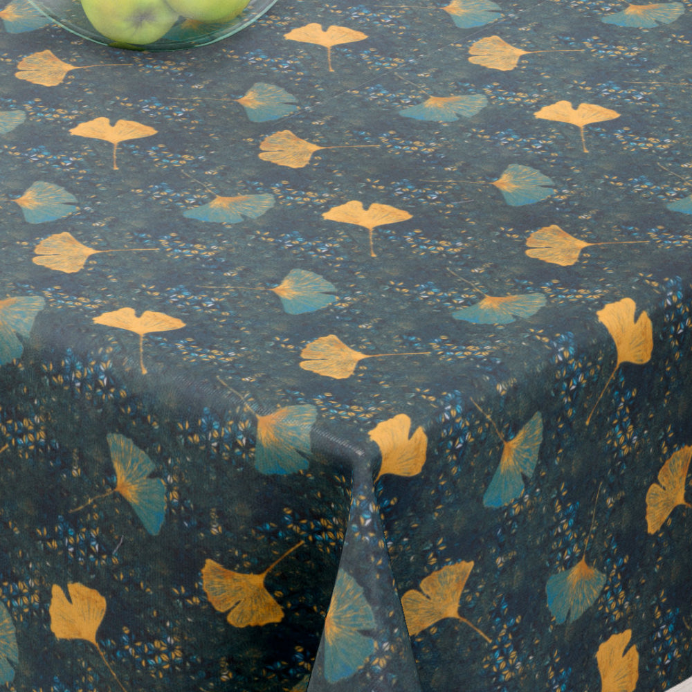 Shandong Petrol - Vakre blader på mørk bakgrunn - 155 cm bred