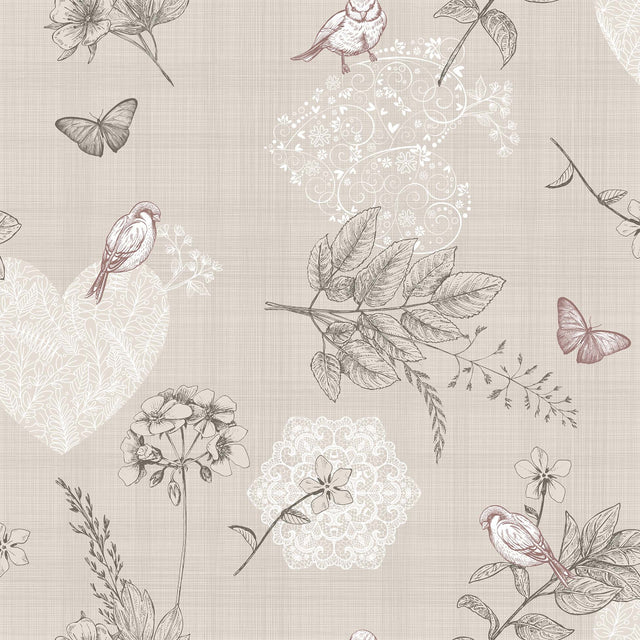 Småfugler i hagen - Lys beige voksduk med fugler, sommerfugler, blomster og blader
