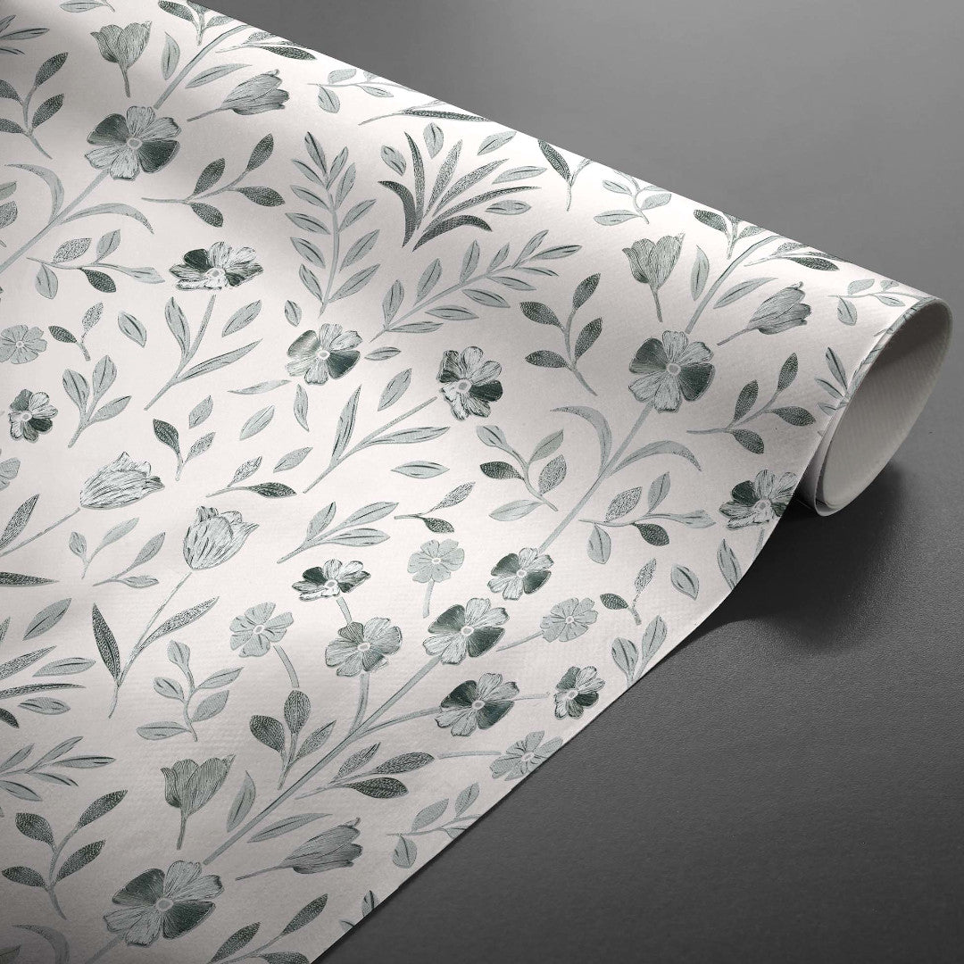 Rullet Sølvflor voksduk med sølvpregede blomster