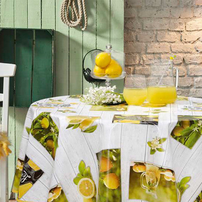 Sommer og Sitroner – Rund voksduk med sitroner på grå plankebunn