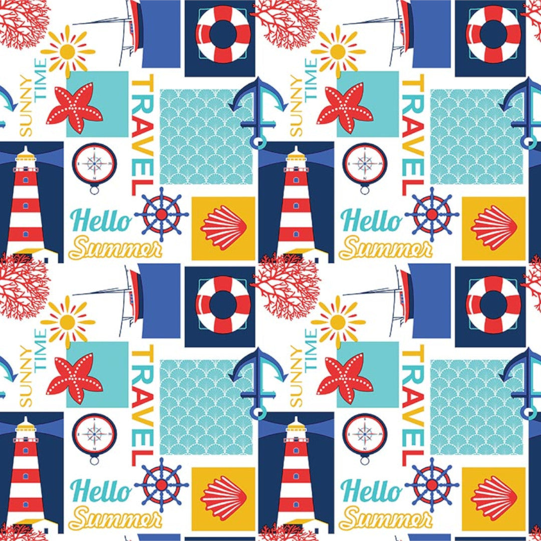 Sommer ved Havet – hvit voksduk med maritime motiver